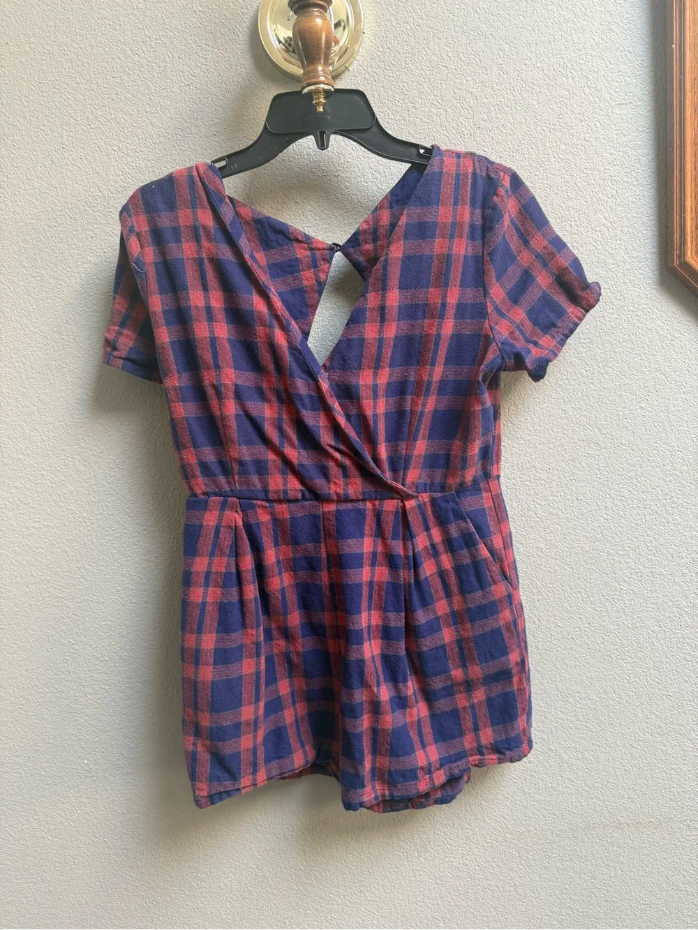 Plaid Short Sleeve Wrap Romper in Navy and Red